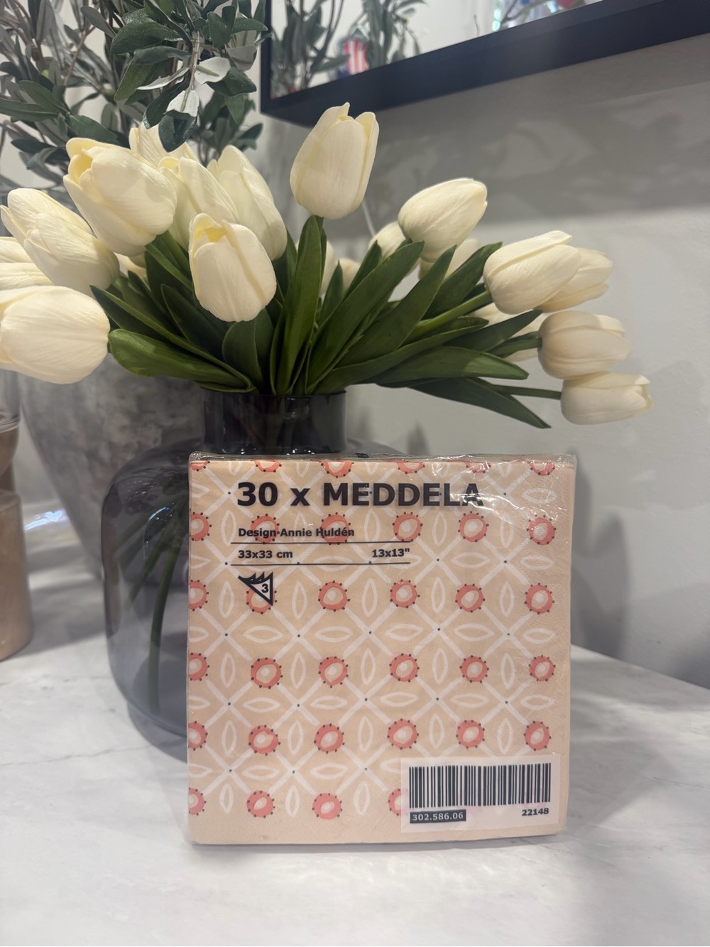 IKEA MEDDELA 30-Pack 13” Square Patterned Napkins in Cream Pink and Coral Pink